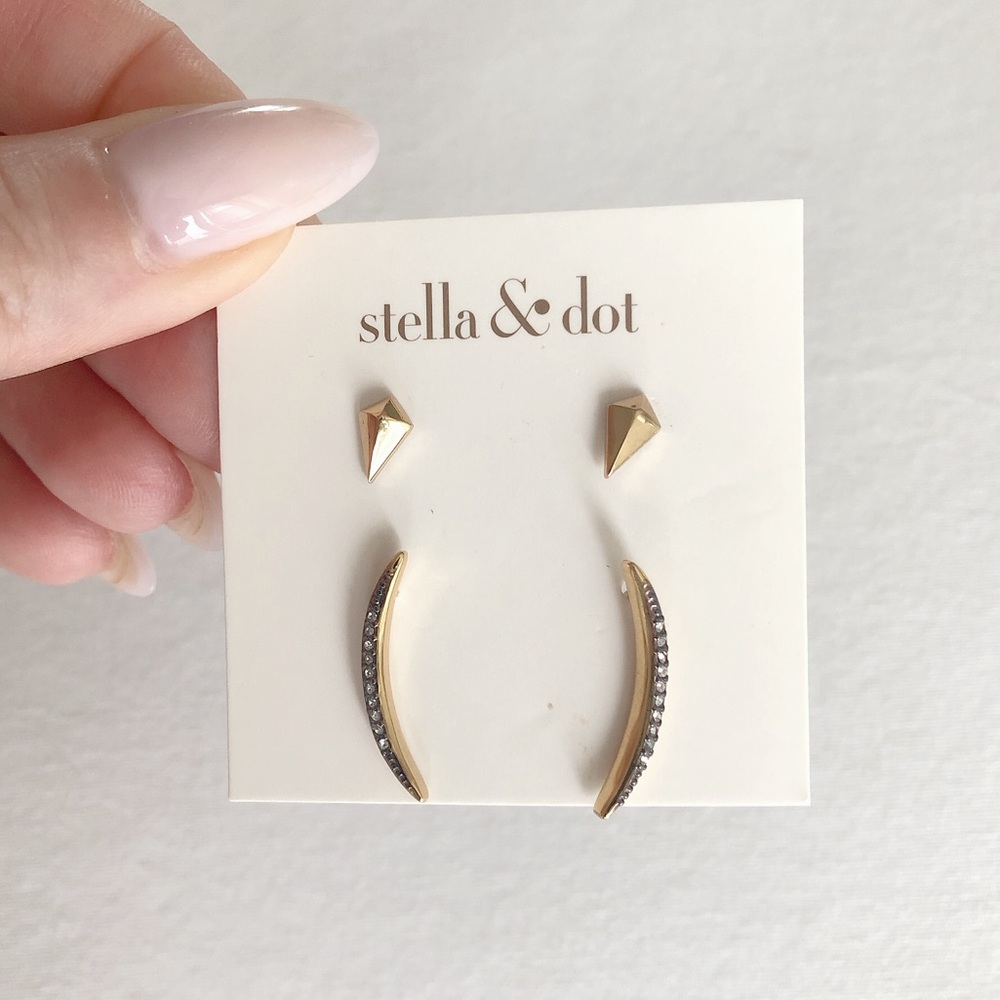 Stella & Dot earrings studs & ear climbers gold tone clear stones New with tags - Picture 2 of 4